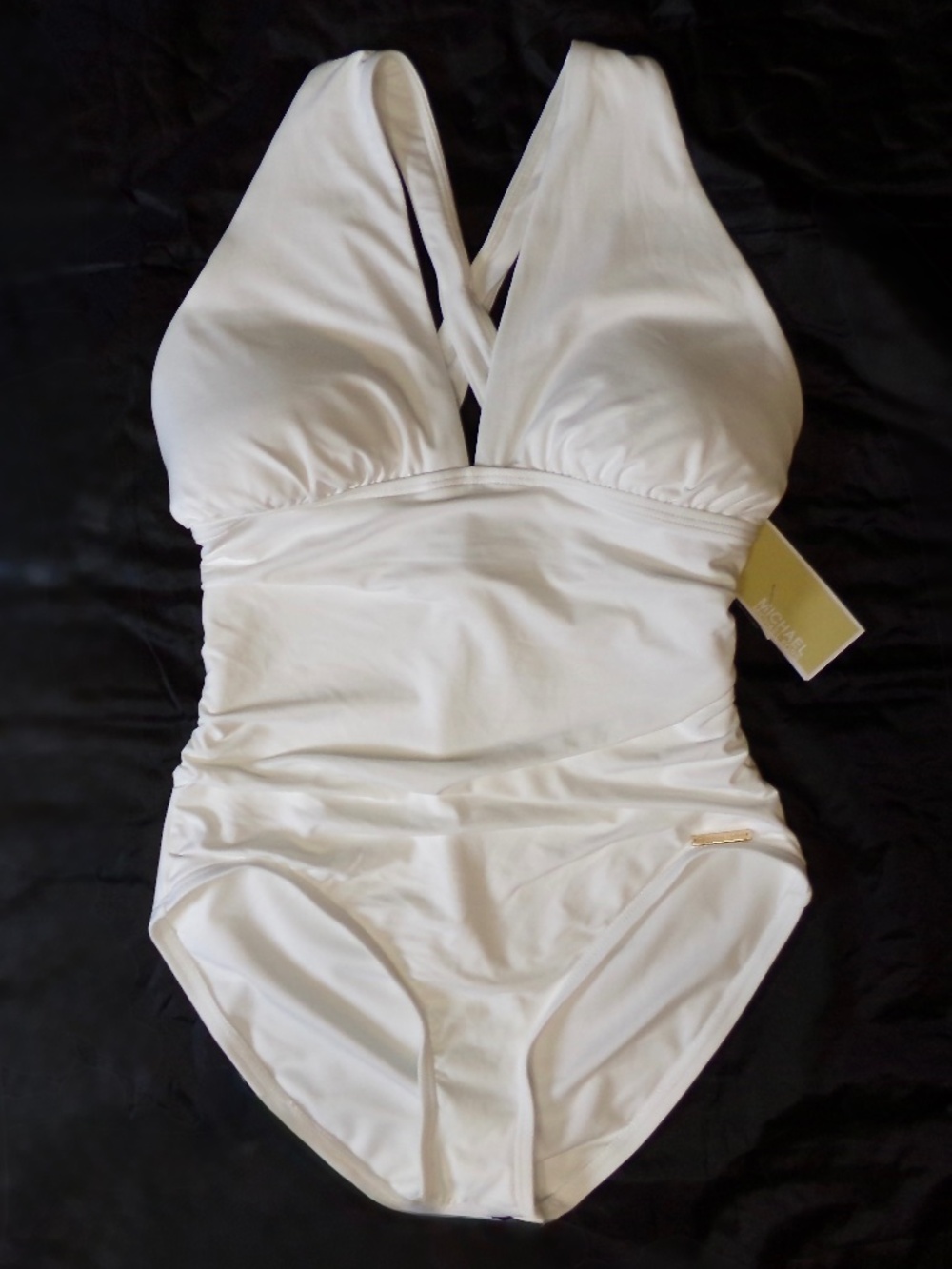 NWT Michael Kors Gorgeous Monroe White 1PC Swim Suit w/ Signature Logo Bar Sz10